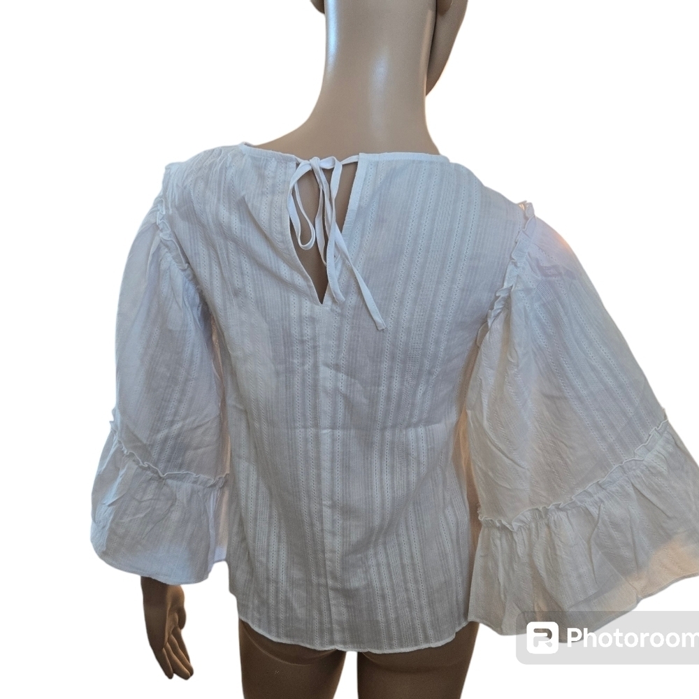 English Factory Womens Ruffle Wide Sleeve Top All Over Stripe Linen White Sz XS - Picture 3 of 8